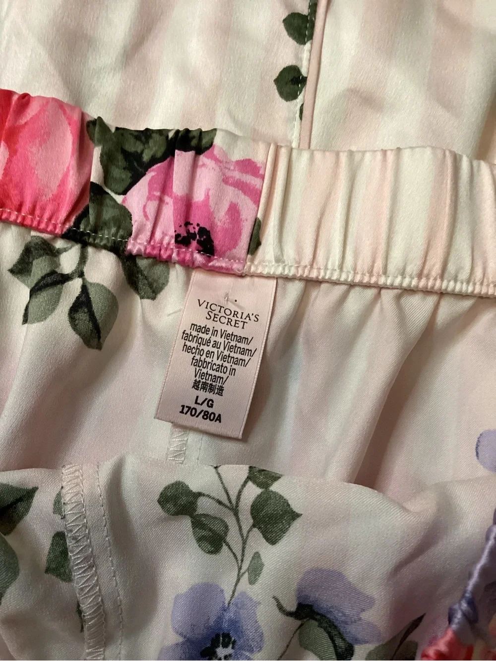 Victoria's Secret White Satin Short Pajama Set with Pink & Purple Floral Print